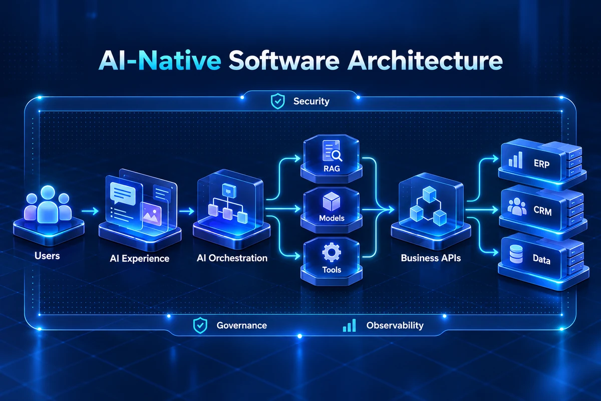 AI-native software architecture showing AI orchestration, RAG, models, tools, APIs and enterprise systems.
