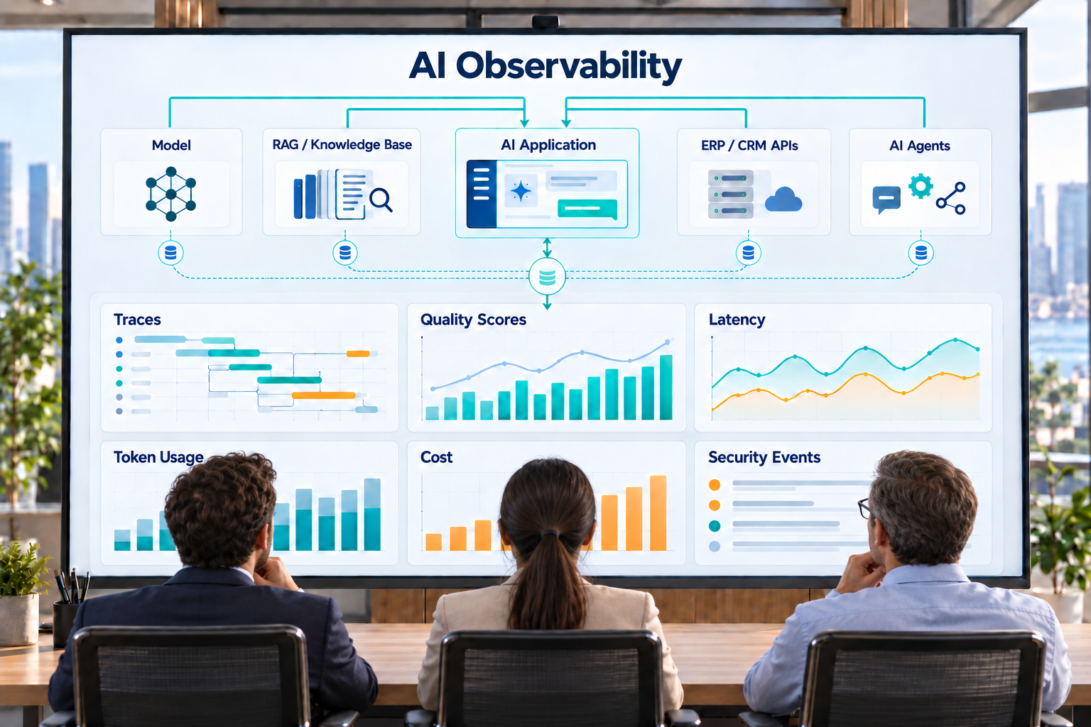 AI observability control room connecting an AI application, models, RAG, enterprise APIs and agents to traces, quality, latency, token usage, cost and security monitoring.